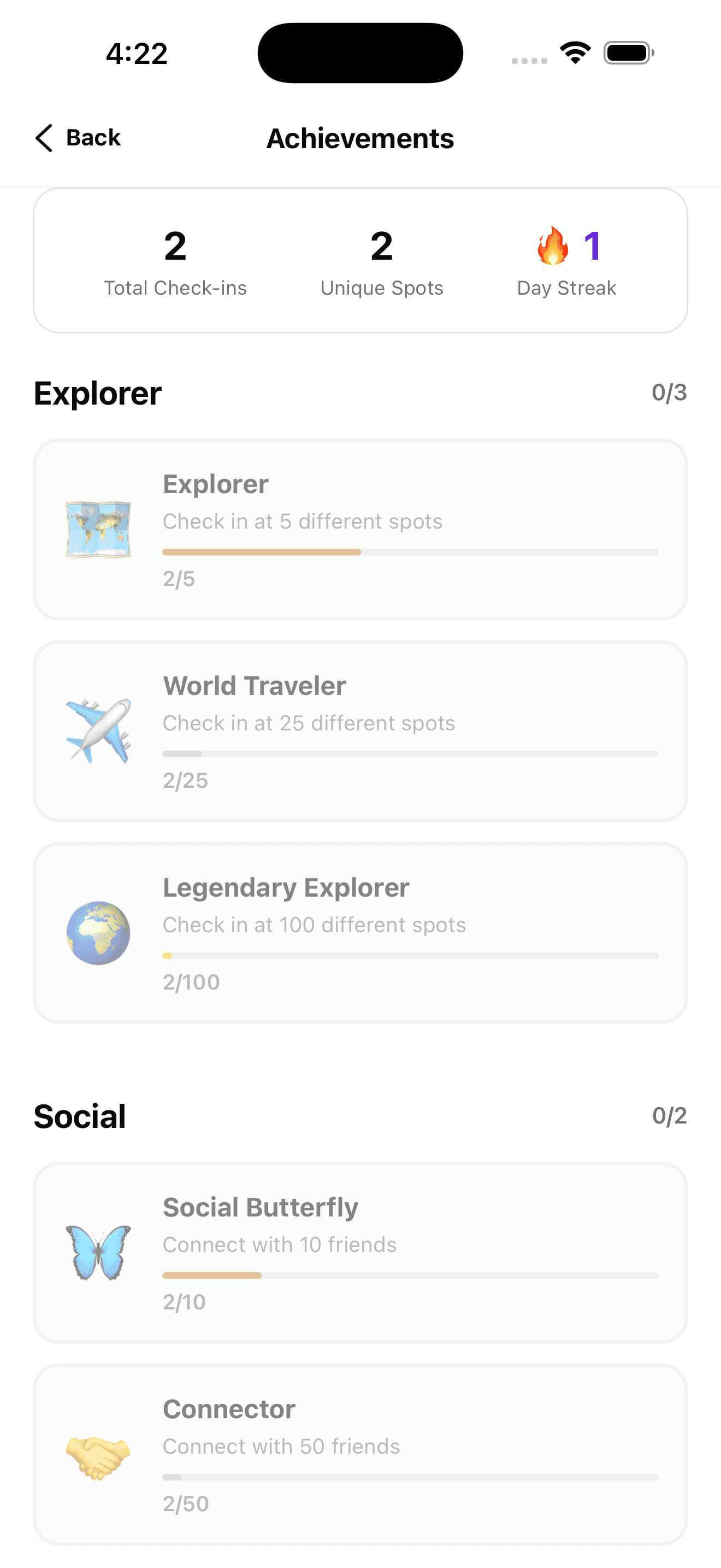 Perched achievements screen showing check-in streaks and exploration milestones.